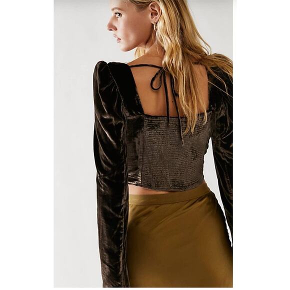 New Free People Bridgette Long Sleeve Velvet Top $128 X-SMALL Brown Corset Insp - Picture 3 of 6